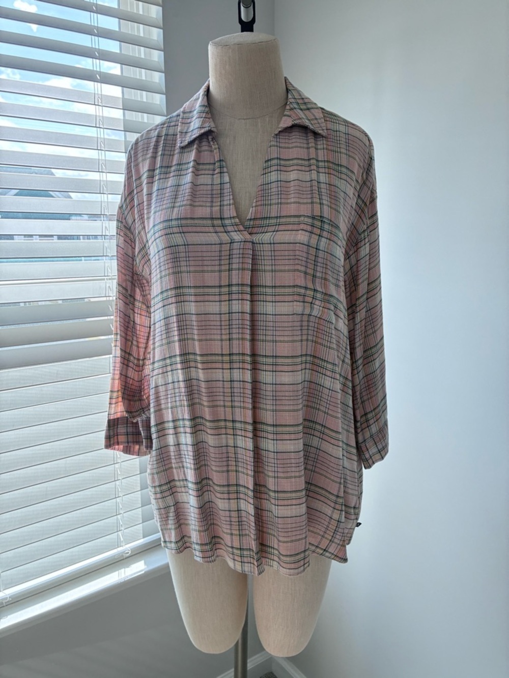 William Rast Womenโs Pink Plaid Polo V-Neck Blouse